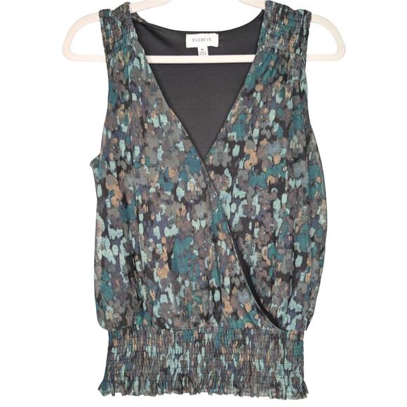 Evereve Jules Mesh Ruffle Hem Smocked Waist Sleeveless Wrap Top Green Multi MED - Picture 4 of 12